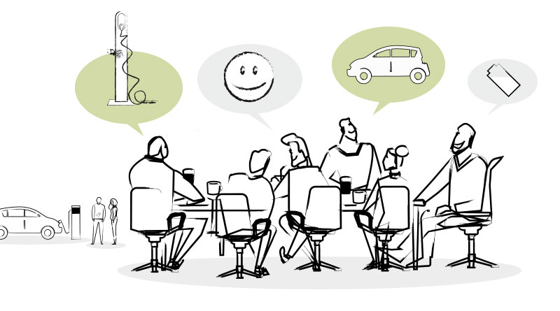 Ein gezeichnetes Bild von Personen an einem Schreibtisch, die über die Zukunft der E-Mobilität sprechen